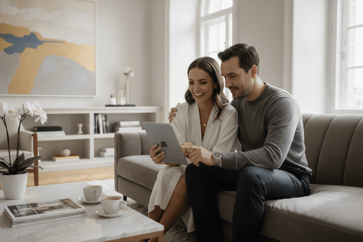 Couple planifiant leur mariage sur une tablette